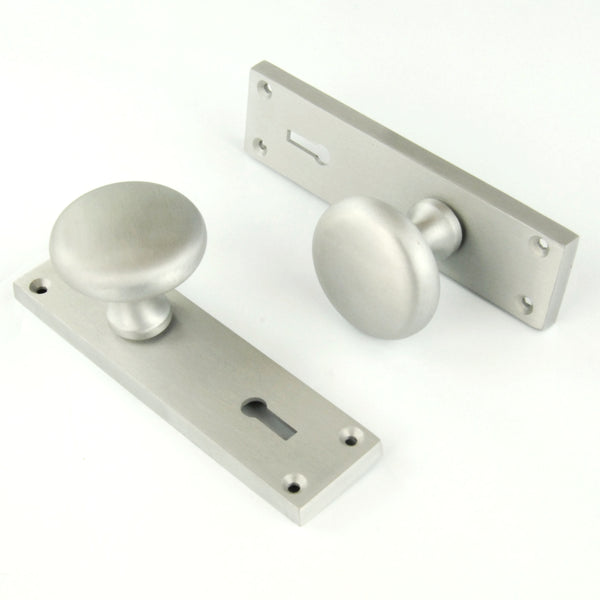 New York Round Door Knobs Handles on Backplate Satin Nickel