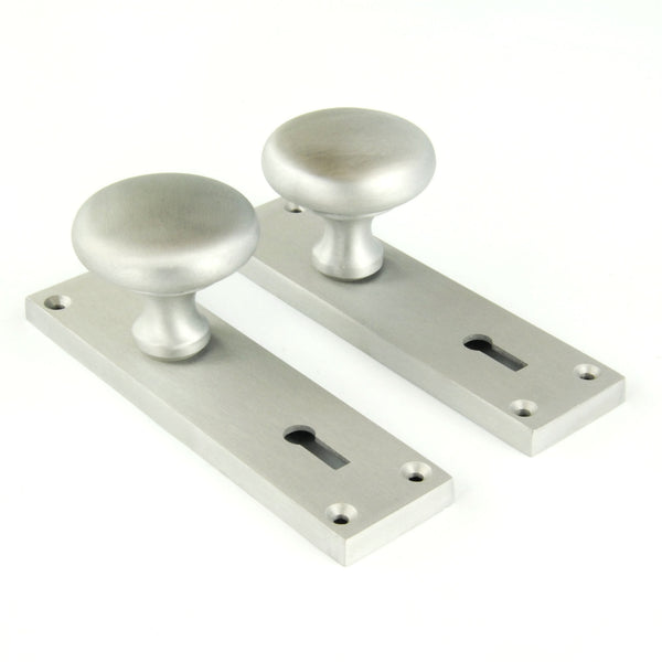 New York Round Door Knobs Handles on Backplate Satin Nickel