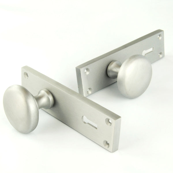 New York Round Door Knobs Handles on Backplate Satin Nickel
