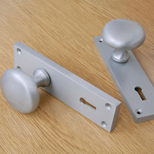 New York Round Door Knobs Handles on Backplate Satin Nickel
