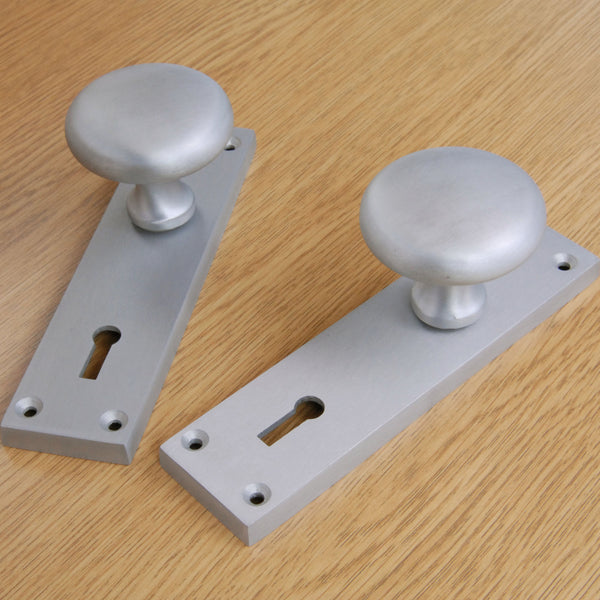 New York Round Door Knobs Handles on Backplate Satin Nickel