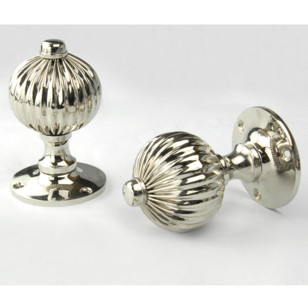 Vintage Regency Style Solid Brass Reeded Round Door Knobs Handles - Polished Nickel