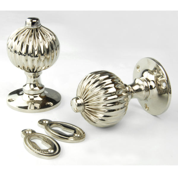 Vintage Regency Style Solid Brass Reeded Round Door Knobs Handles - Polished Nickel