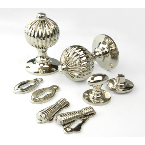 Vintage Regency Style Solid Brass Reeded Round Door Knobs Handles - Polished Nickel