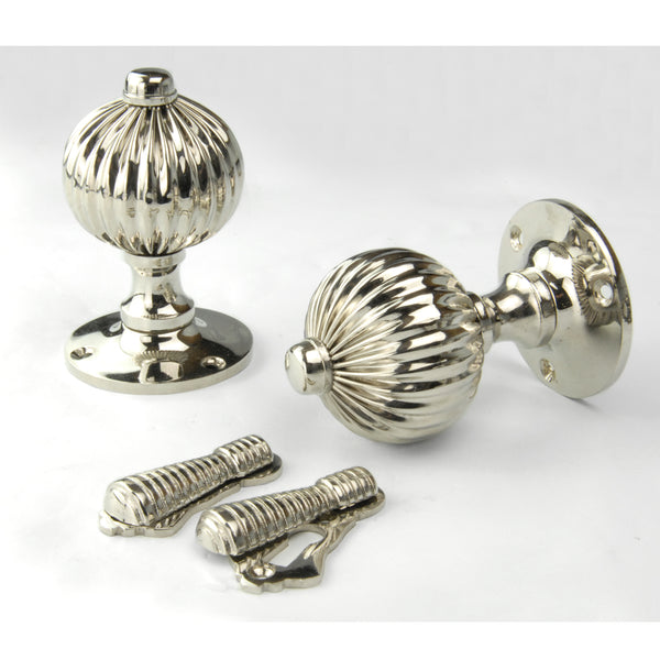 Vintage Regency Style Solid Brass Reeded Round Door Knobs Handles - Polished Nickel