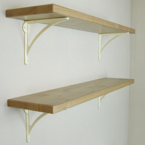 Rustic Solid Wood Wall Shelf Light Oak with Cream Cast Iron Metal Arch Brackets