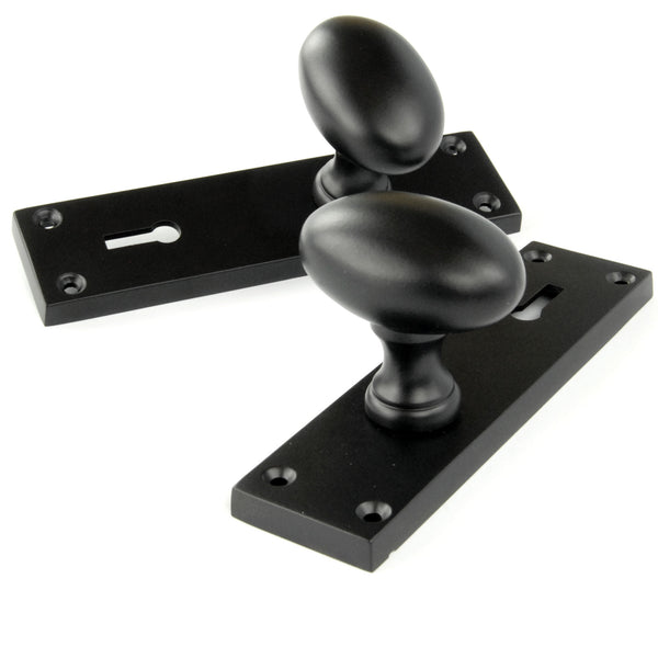 New York Door Knobs Oval Round Handles on Backplate Satin Black