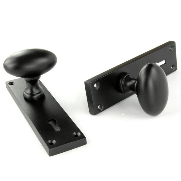 New York Door Knobs Oval Round Handles on Backplate Satin Black