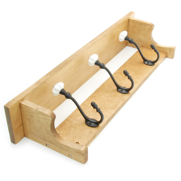 Oak Wooden Coat Rack Shelf with 3 Cast Iron Ceramic Hooks