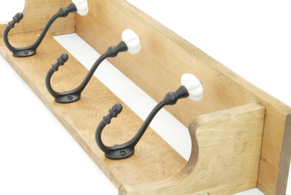 Oak Wooden Coat Rack Shelf with 3 Cast Iron Ceramic Hooks