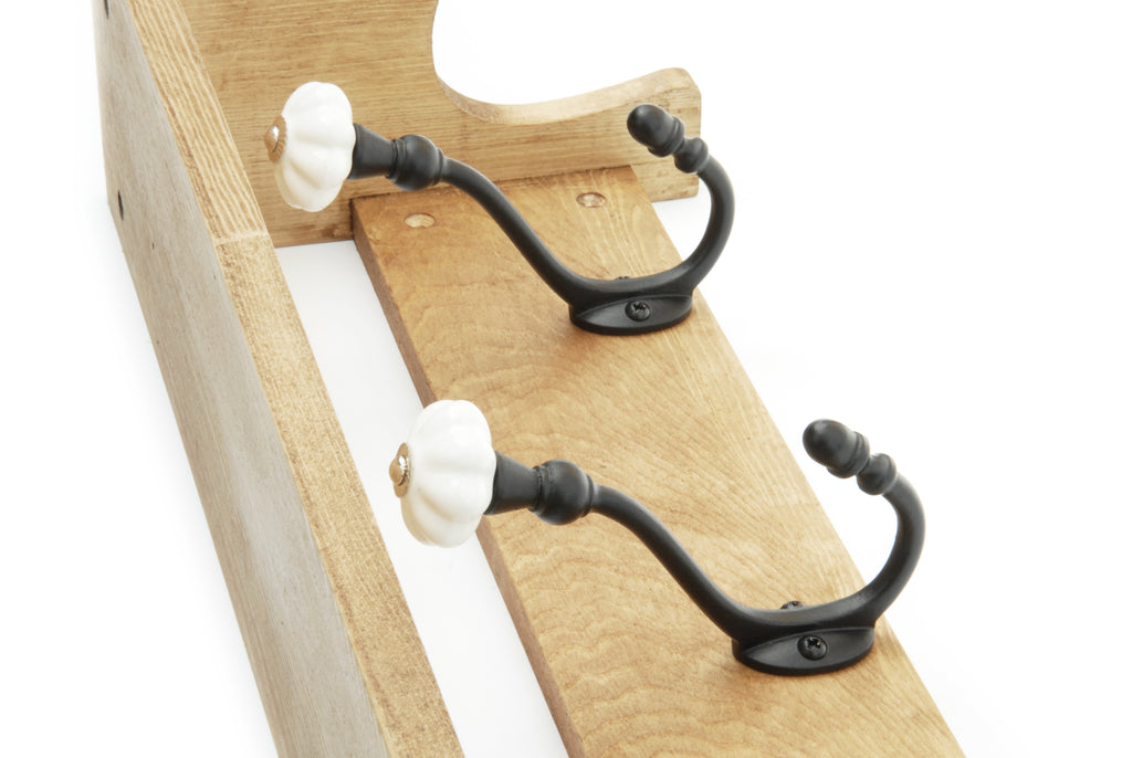 Oak Wooden Coat Rack Shelf with 3 Cast Iron Ceramic Hooks JonesandGrey