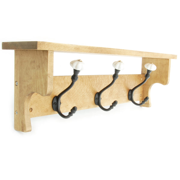 Oak Wooden Coat Rack Shelf with 3 Cast Iron Ceramic Hooks
