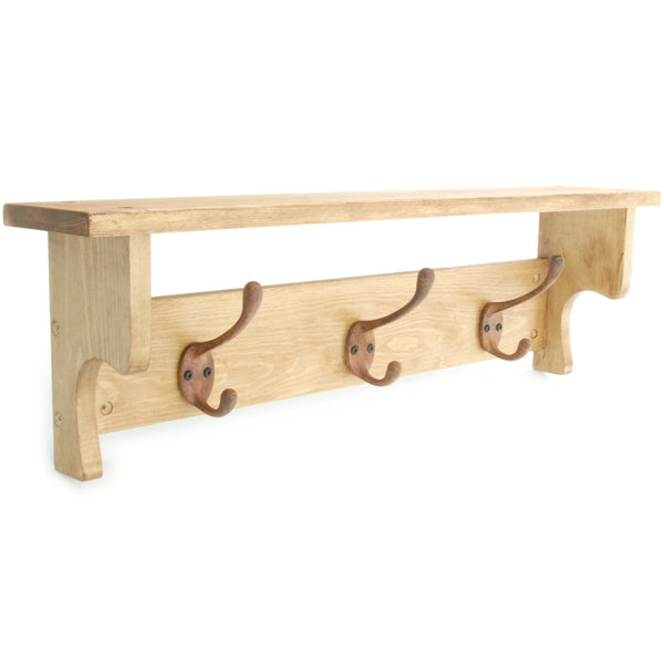 Oak Wooden Coat Rack Shelf with 3 Rusty Cast Iron Hooks