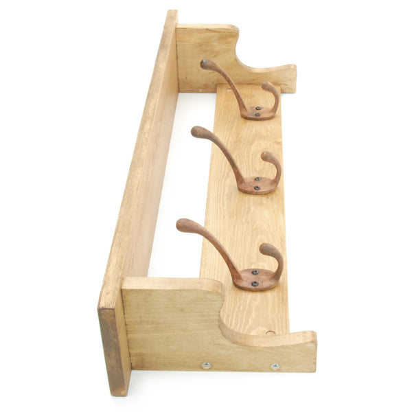 Oak Wooden Coat Rack Shelf with 3 Rusty Cast Iron Hooks