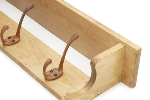 Oak Wooden Coat Rack Shelf with 3 Rusty Cast Iron Hooks