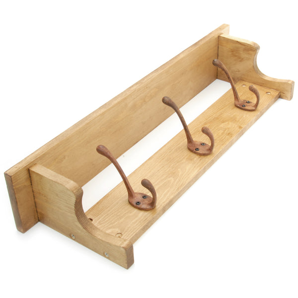 Oak Wooden Coat Rack Shelf with 3 Rusty Cast Iron Hooks