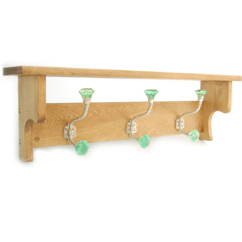 Oak Wooden Coat Rack Shelf with 3 Jade Green Glass Hooks
