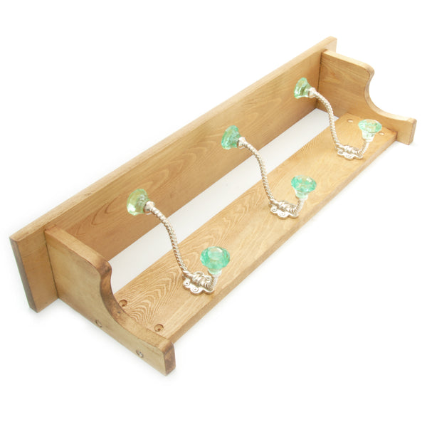 Oak Wooden Coat Rack Shelf with 3 Jade Green Glass Hooks