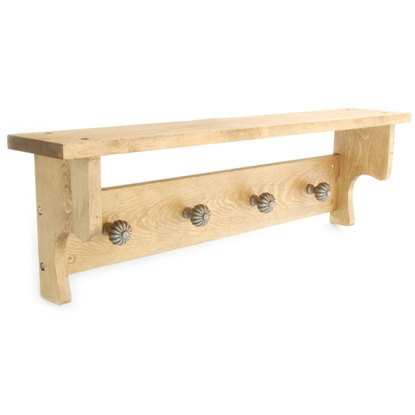 Oak Wooden Coat Rack Shelf with 4 Pewter Pumpkin Hooks