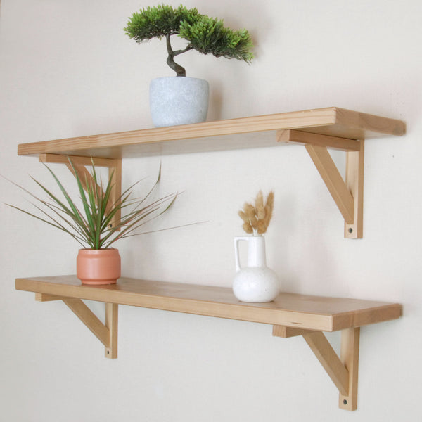 Rustic Solid Wood Wall Shelf Light Oak with Wooden Brackets