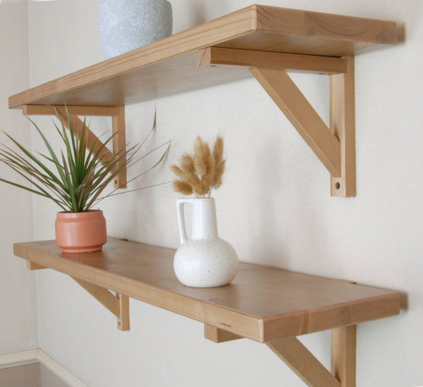 Rustic Solid Wood Wall Shelf Light Oak with Wooden Brackets