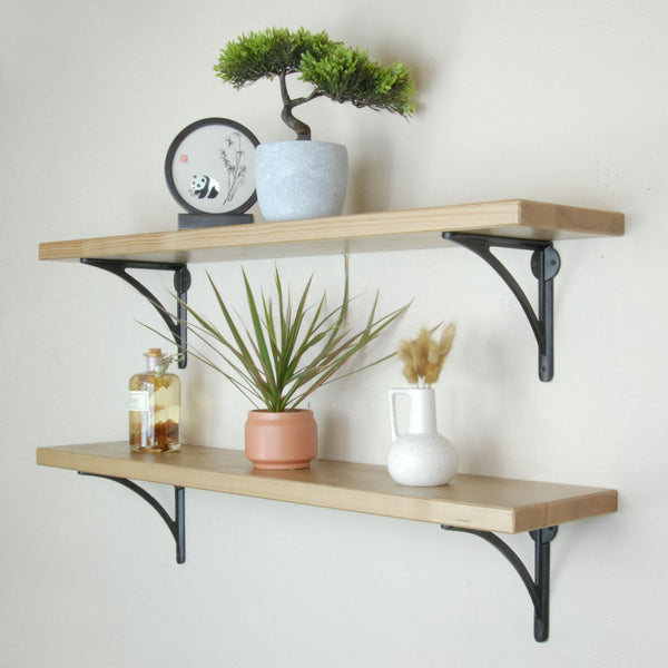 Rustic Solid Wood Wall Shelf Light Oak with Black Cast Iron Metal Arch Brackets