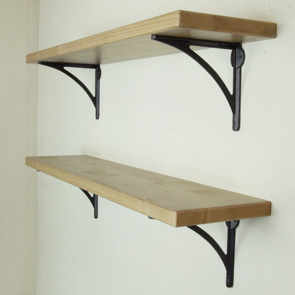 Rustic Solid Wood Wall Shelf Light Oak with Black Cast Iron Metal Arch Brackets