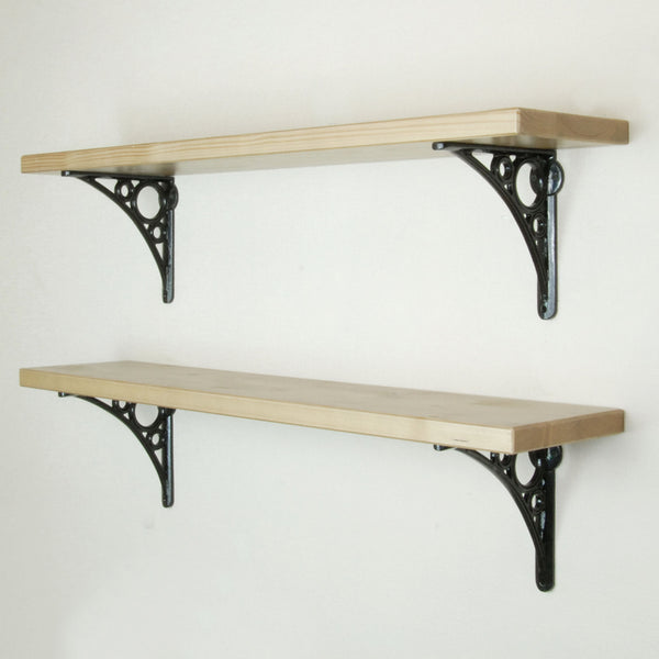 Rustic Solid Wood Wall Shelf Light Oak with Black Cast Iron Metal Arch Brackets