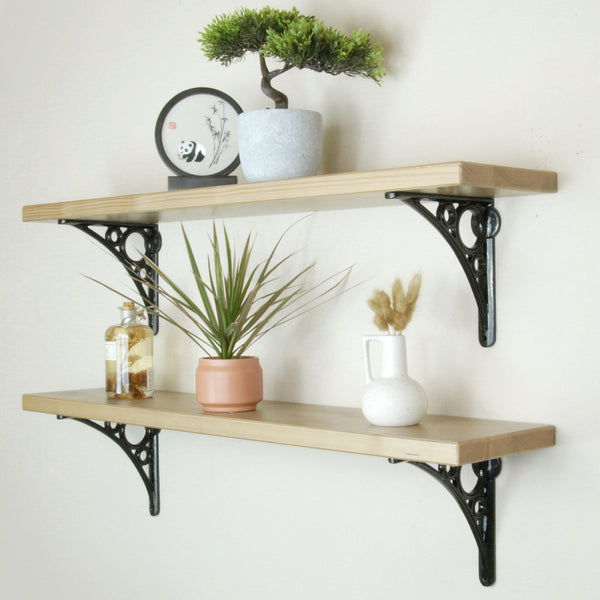 Rustic Solid Wood Wall Shelf Light Oak with Black Cast Iron Metal Arch Brackets