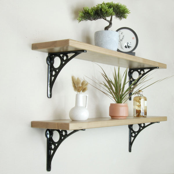 Rustic Solid Wood Wall Shelf Light Oak with Black Cast Iron Metal Arch Brackets