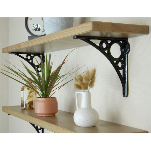 Rustic Solid Wood Wall Shelf Light Oak with Black Cast Iron Metal Arch Brackets