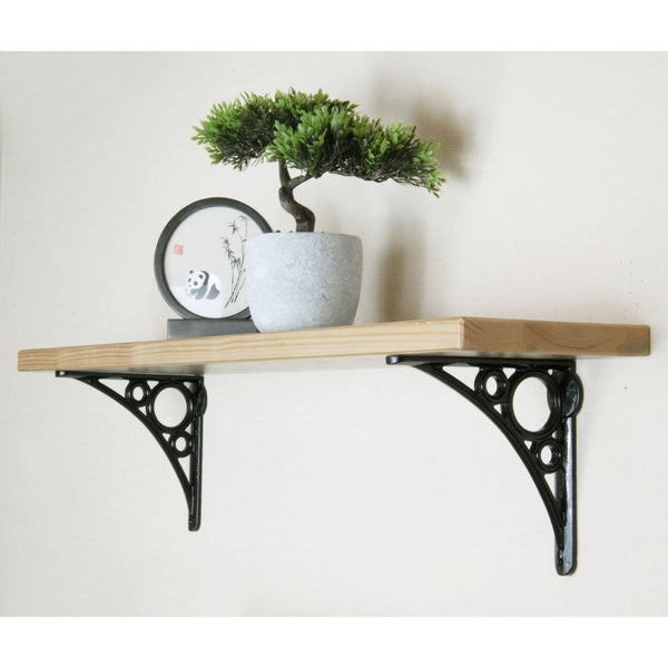 Rustic Solid Wood Wall Shelf Light Oak with Black Cast Iron Metal Arch Brackets