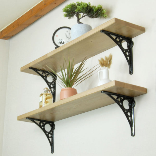 Rustic Solid Wood Wall Shelf Light Oak with Black Cast Iron Metal Arch Brackets