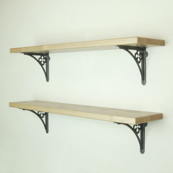 Rustic Solid Wood Wall Shelf Light Oak with Cast Iron Gothic Metal Arch Brackets