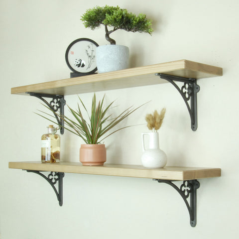 Rustic Solid Wood Wall Shelf Light Oak with Cast Iron Gothic Metal Arch Brackets