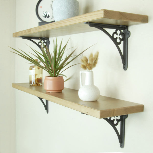 Rustic Solid Wood Wall Shelf Light Oak with Cast Iron Gothic Metal Arch Brackets