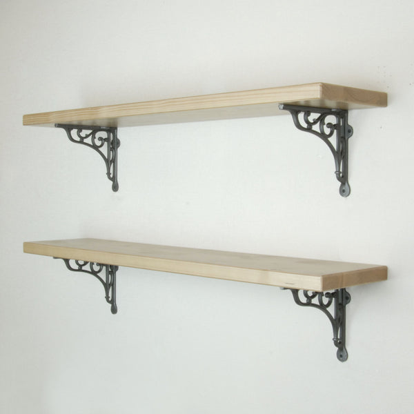 Rustic Solid Wood Wall Shelf Light Oak with Cast Iron Heritage Metal Arch Brackets