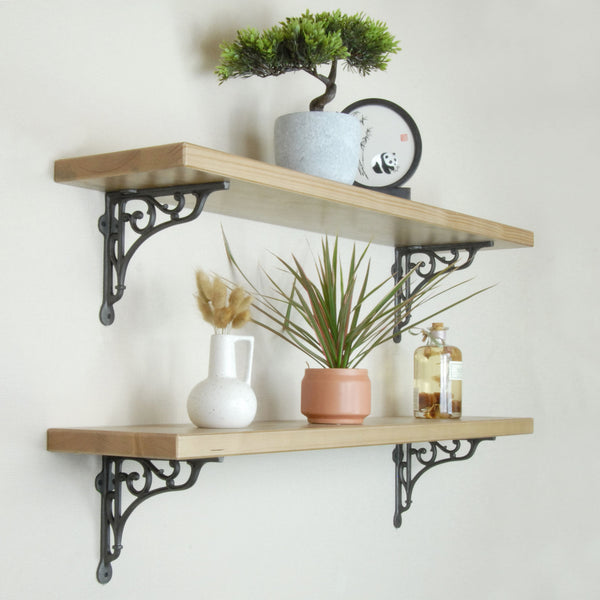 Rustic Solid Wood Wall Shelf Light Oak with Cast Iron Heritage Metal Arch Brackets