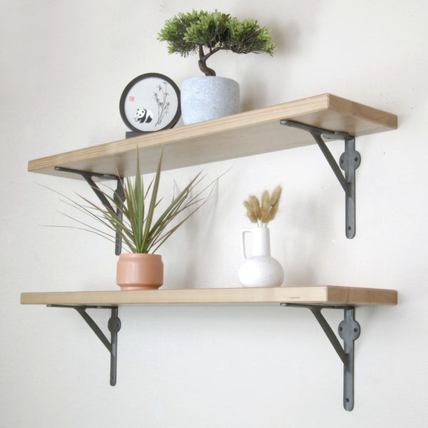 Rustic Solid Wood Wall Shelf Light Oak with Cast Iron Metal Arch Brackets