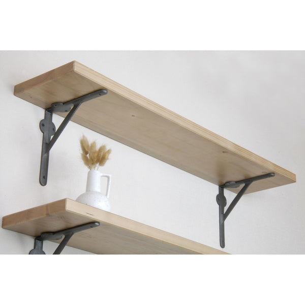 Rustic Solid Wood Wall Shelf Light Oak with Cast Iron Metal Arch Brackets