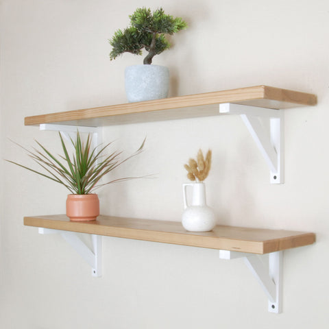 Rustic Solid Wood Wall Shelf Light Oak with White Wooden Brackets