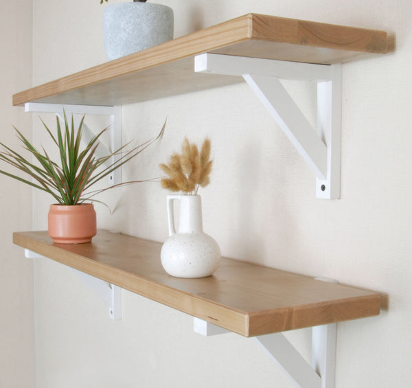 Rustic Solid Wood Wall Shelf Light Oak with White Wooden Brackets