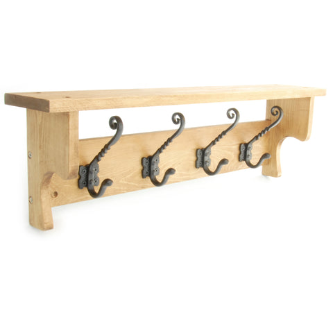 Oak Wooden Coat Rack Shelf with 4 Cast Iron Hooks