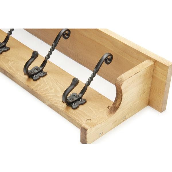 Oak Wooden Coat Rack Shelf with 4 Cast Iron Hooks