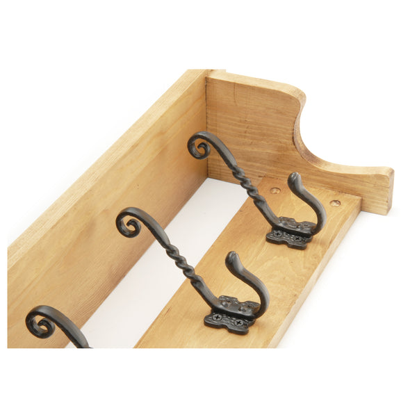 Oak Wooden Coat Rack Shelf with 4 Cast Iron Hooks