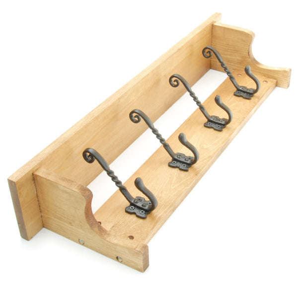 Oak Wooden Coat Rack Shelf with 4 Cast Iron Hooks