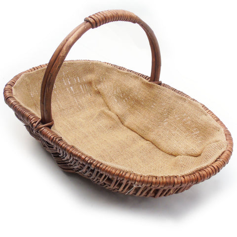 Brown Wicker Willow Trug Oval Garden Basket Hessian Lined - Large