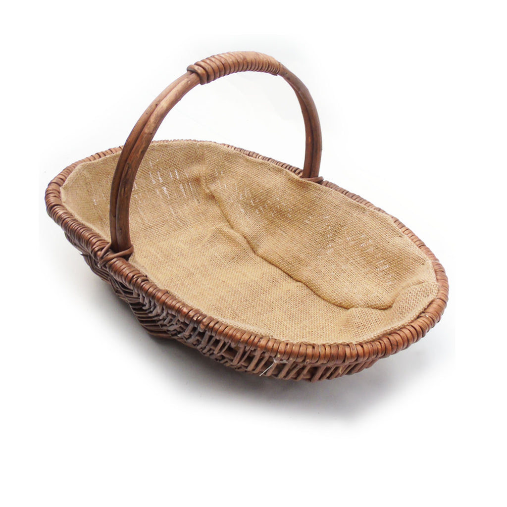 Brown Wicker Willow Trug Oval Garden Basket Hessian Lined - Medium