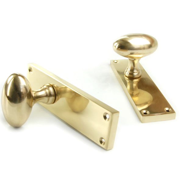 New York Oval Solid Brass Door Knobs Handles on Backplate Polished