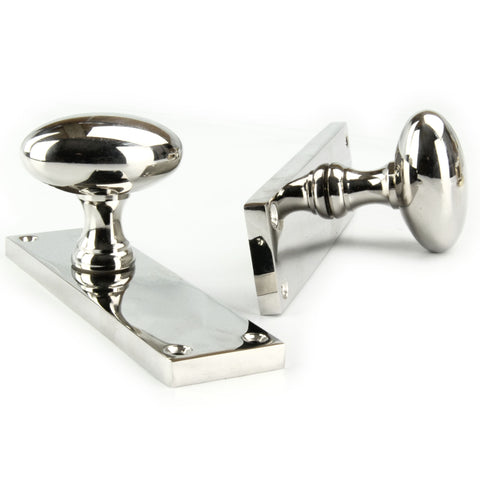 New York Oval Solid Brass Door Knobs Handles on Backplate Polished Nickel